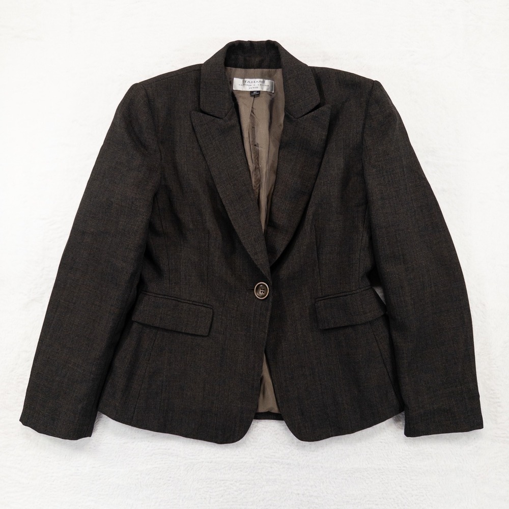Tahari Blazer Women 6P Brown Black Micro Check Single Button Professional Career